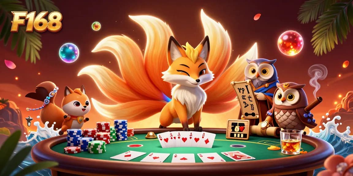 Engage with F168's thrilling poker action featuring colorful spirit characters amidst dynamic gambling elements.