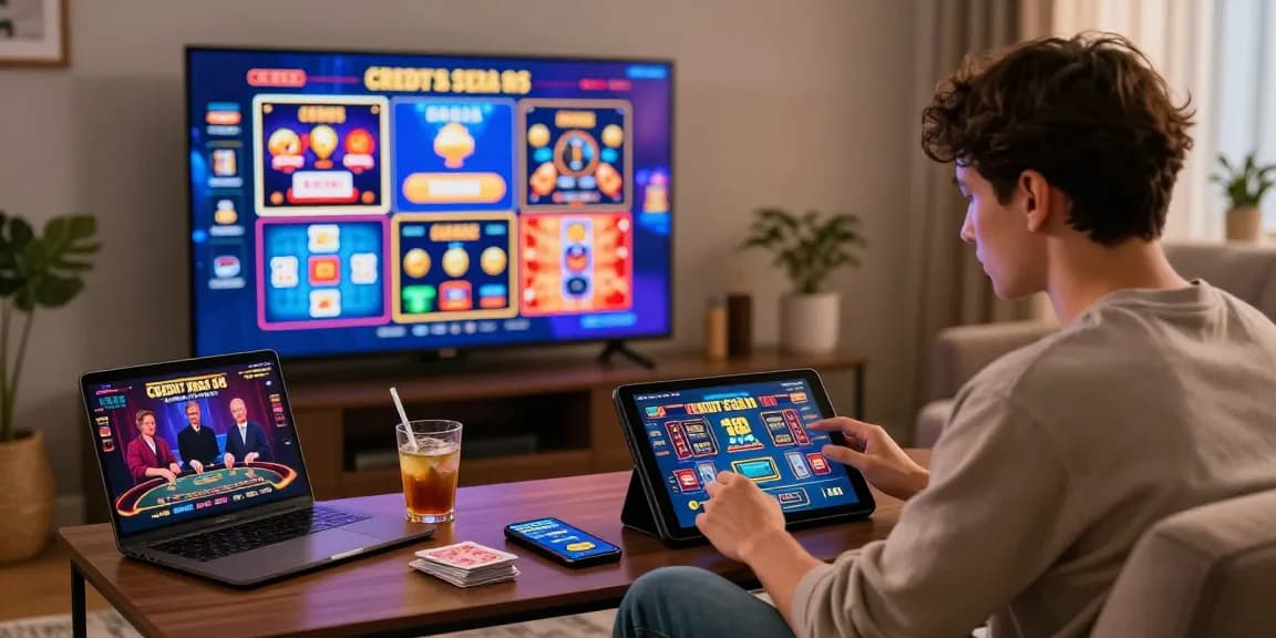 Young player enjoying a credit card casino experience at home, interacting with games on tablet and laptop while surrounded by vibrant promotions.