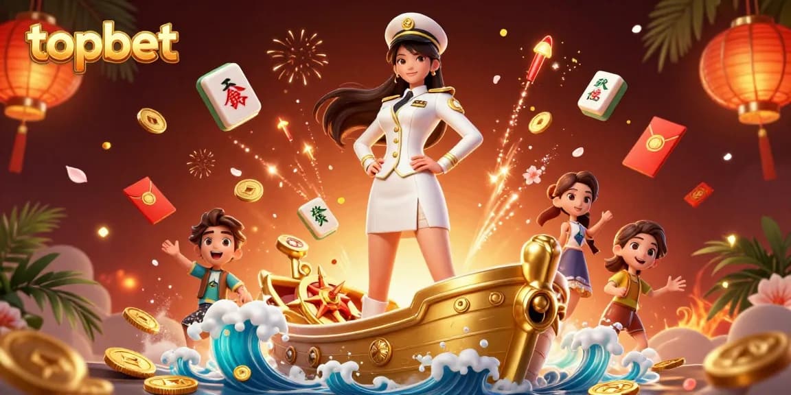 Engage with topbet's dynamic gaming experience featuring vibrant 3D casino elements and a charismatic commanding figure.