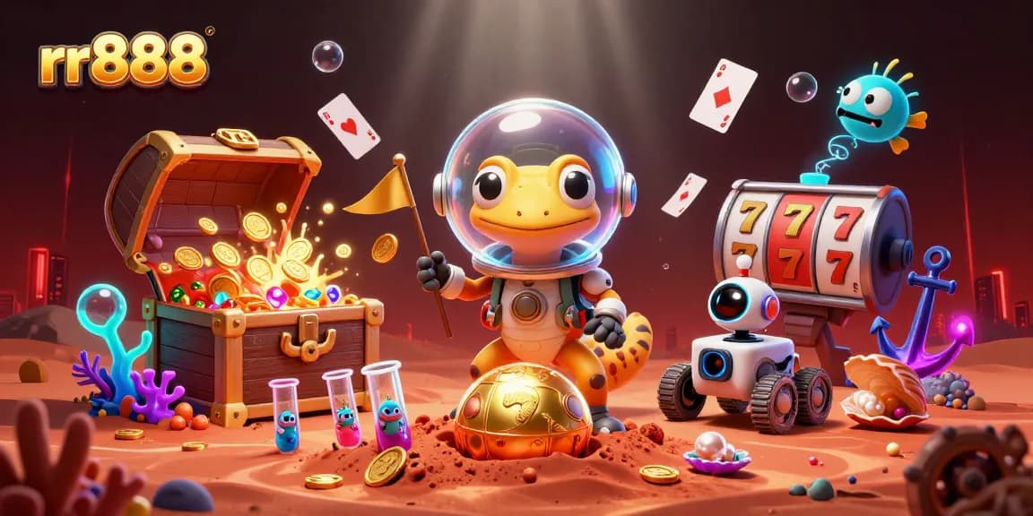 Discover exciting jackpots at rr888 with a Martian gecko exploring a golden casino