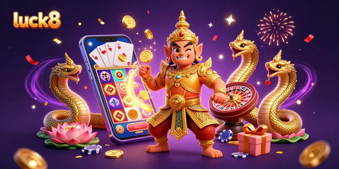 Play exciting slots and games at luck8, featuring vibrant characters and dynamic casino elements.
