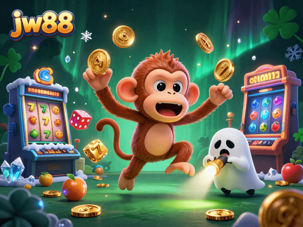 Experience thrilling jackpots at jw88 as a playful poltergeist monkey juggles winnings in a haunted casino.