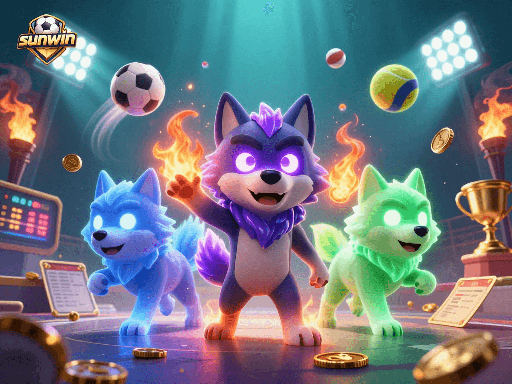 Experience the thrill at sunwin with dynamic 3D wolves and vibrant sports elements.