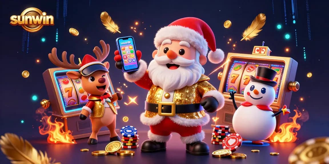 Spin to win with sunwin's vibrant gaming illustration featuring festive characters and exciting casino elements.