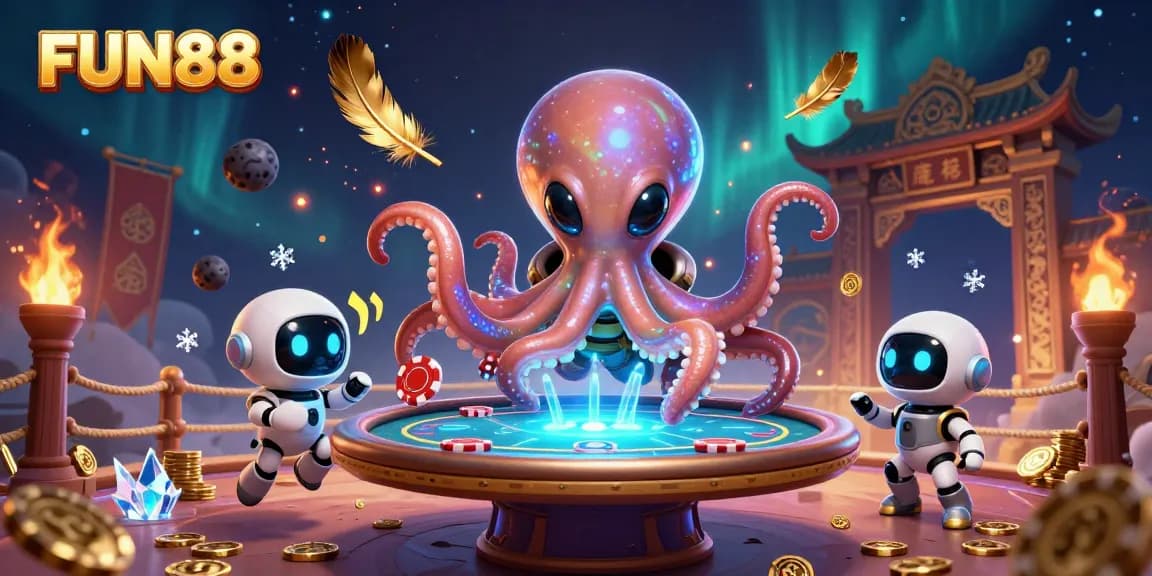 Engage in FUN88's thrilling gaming adventures with vibrant alien creatures at a cosmic poker table.