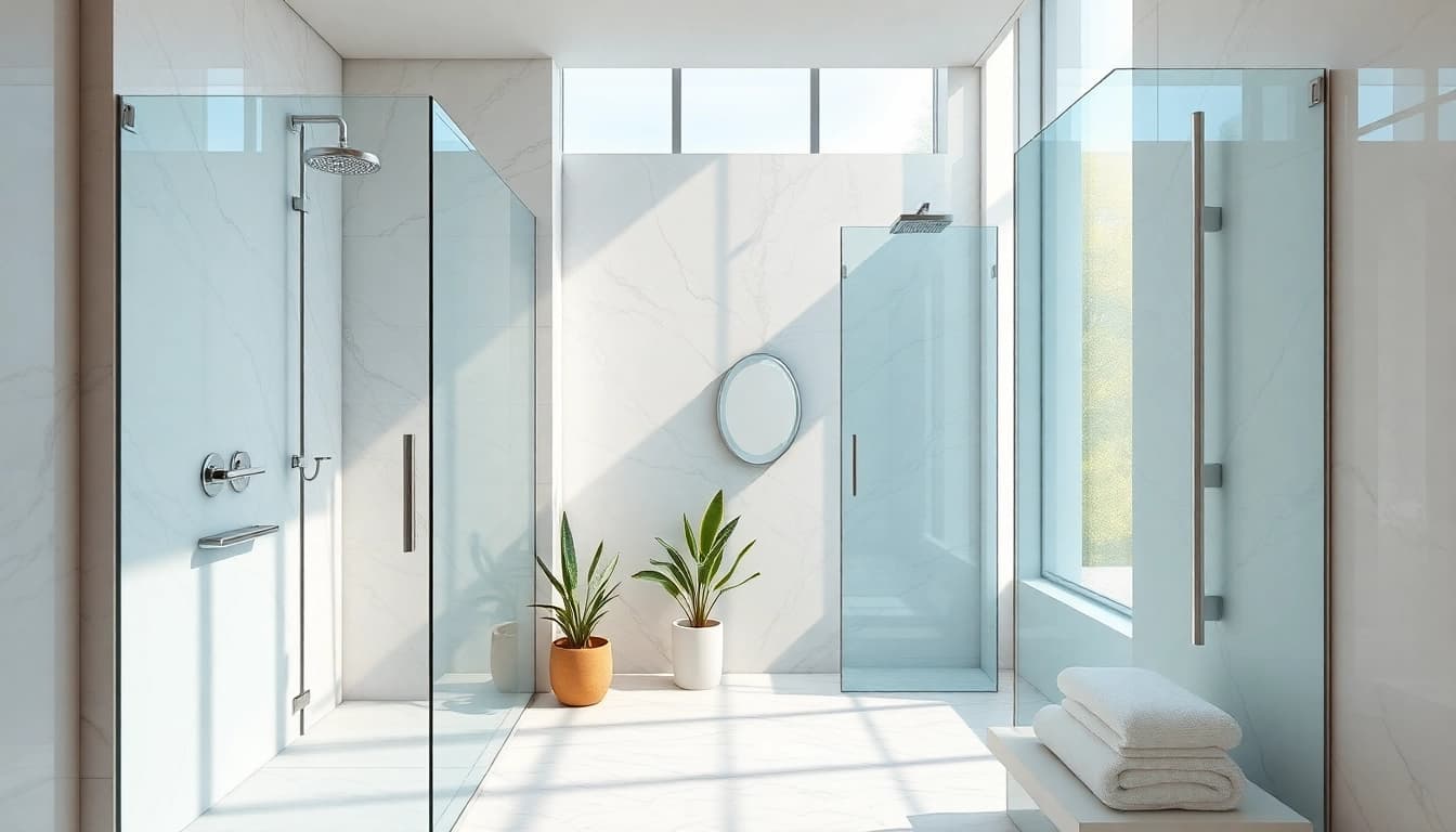 Experience elegant showers with luxurious fixtures and serene design in a beautifully lit bathroom.