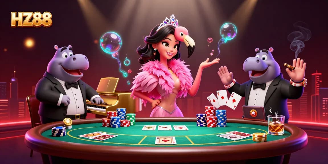 Experience the excitement of HZ88 with vibrant 3D illustrations showcasing lively casino characters and action.
