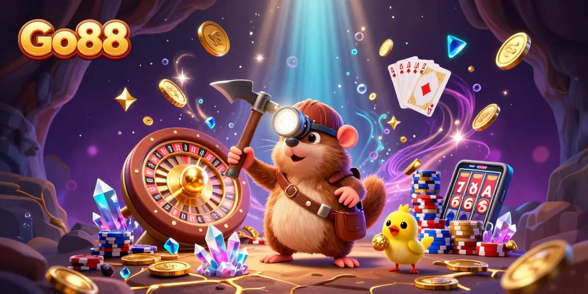 Go88’s thrilling gaming adventure featuring a mole and canary amidst cascading treasures and casino elements.