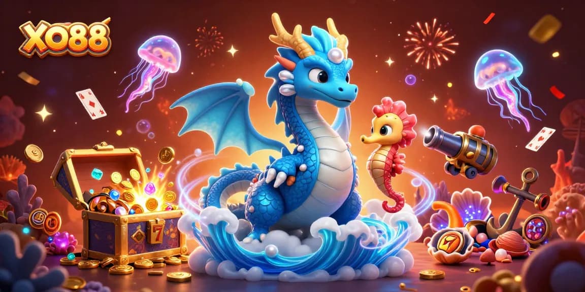 Engage in thrilling gaming at XO88 with a vibrant 3D scene of a water dragon and seahorse knight.