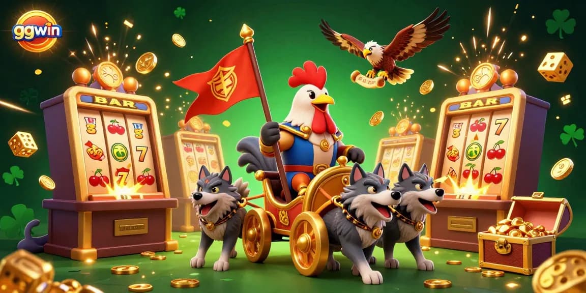 Experience thrilling wins with ggwin as a rooster warlord leads a vibrant casino scene filled with jackpots and excitement.