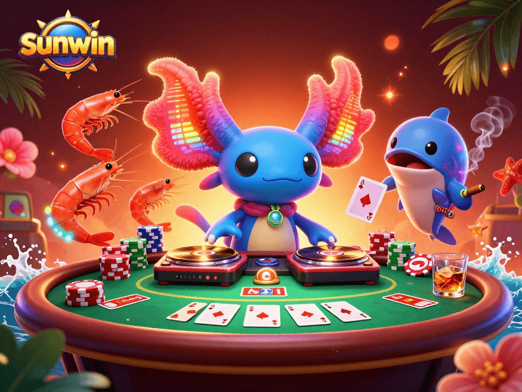 Experience the vibrant world of sunwin with a neon axolotl DJ and lively poker elements.