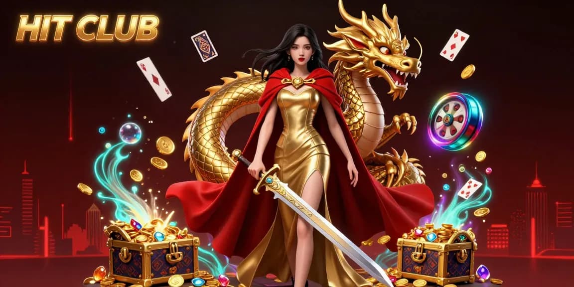 Join the thrilling actions of HIT CLUB with slot reels and a dynamic golden dragon in an ultra-detailed 3D illustration.