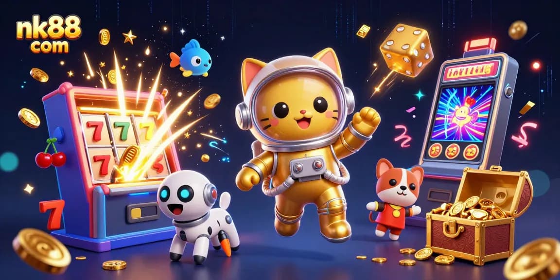 Experience exciting gaming action at nk88 com with a vibrant 3D casino-themed illustration.