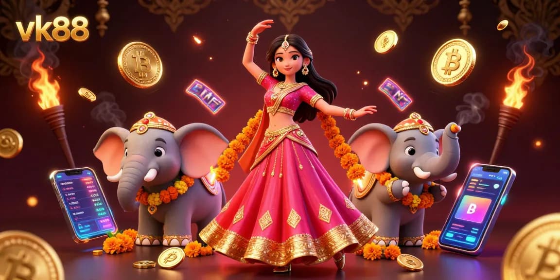 Win big with vk88 at the casino, featuring an enchanting Asian dancer and rich gaming elements.