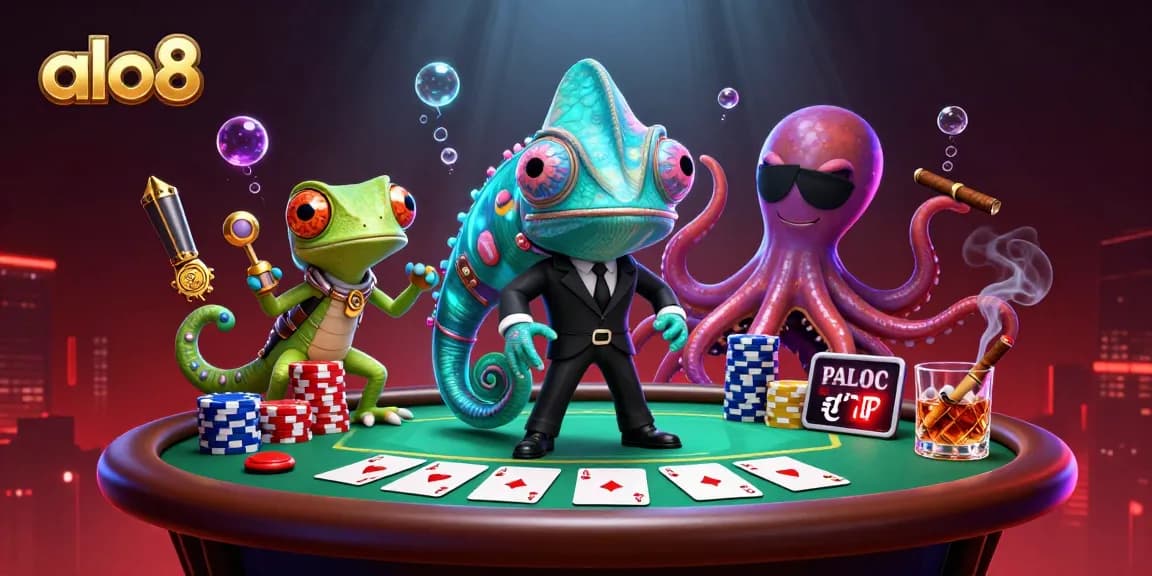 Play poker with alo8's colorful gaming scene featuring vibrant characters and immersive elements.