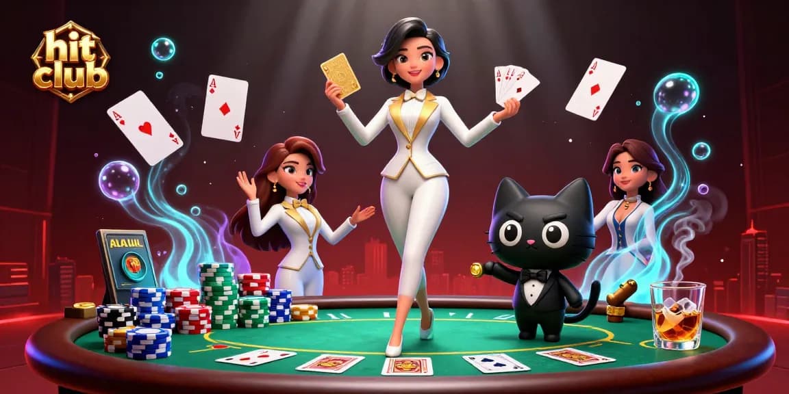 Experience excitement at hit club with a glamorous dealer shuffling cards and vibrant poker elements.