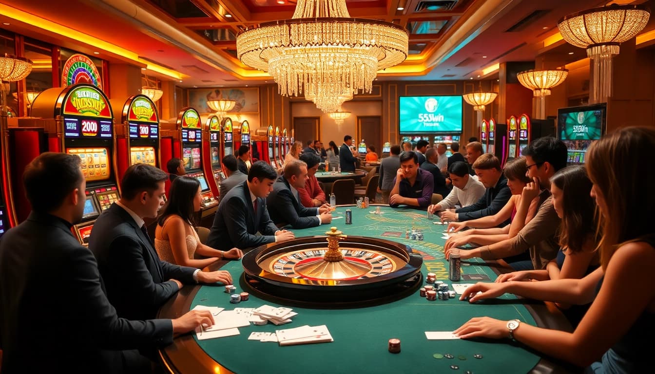 Excited players enjoying games at 555win casino with vibrant slots and roulette.