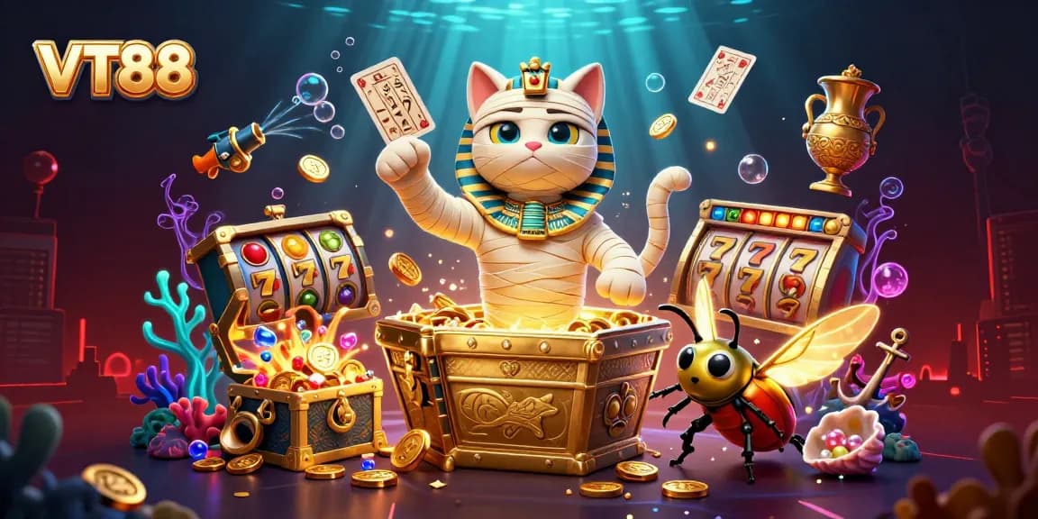 Engage with VT88 in a vibrant casino scene filled with gaming excitement and golden treasures.
