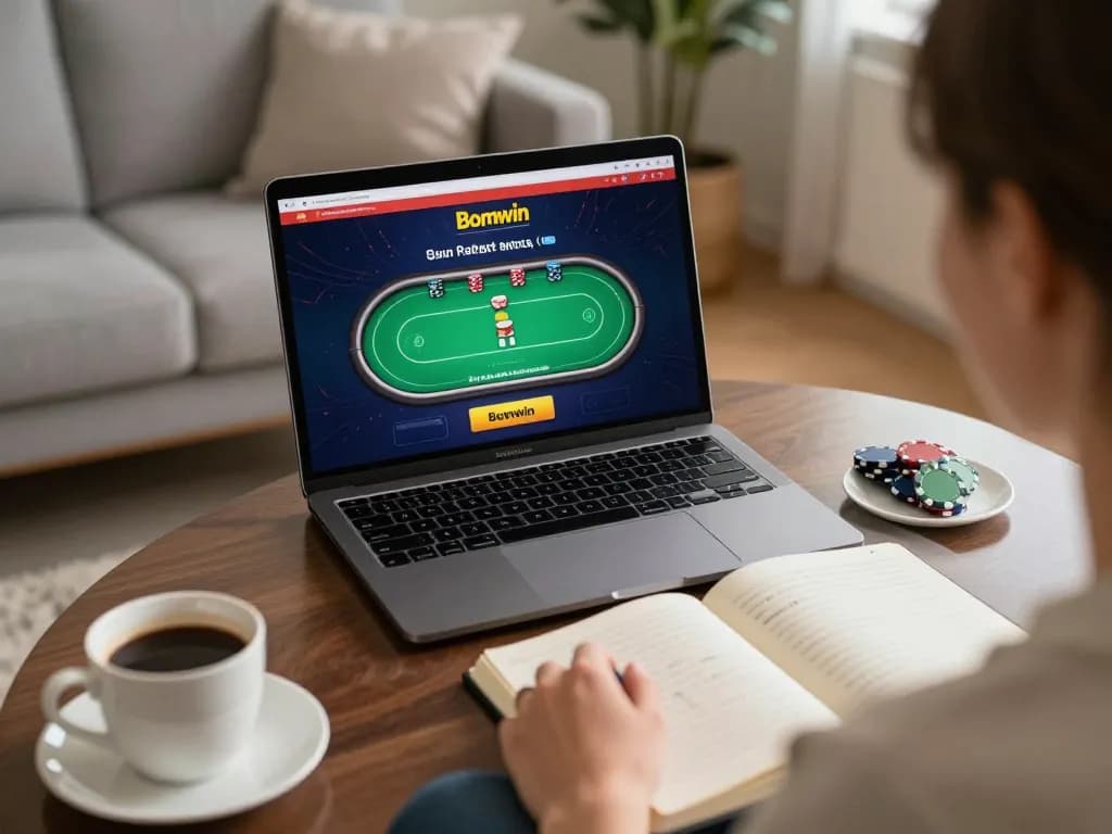 Player exploring Bomwin's online poker game on a laptop at home, capturing a relaxed gambling experience.