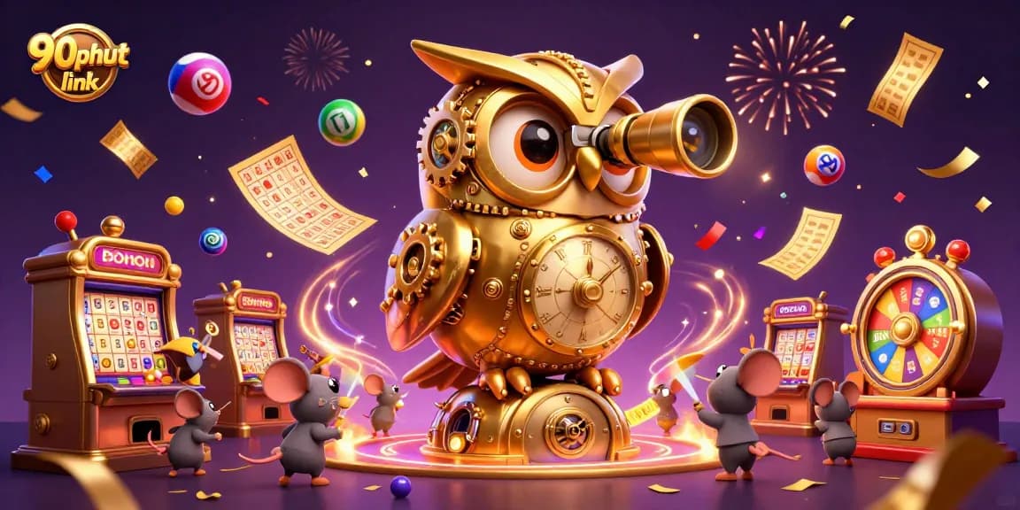 Experience the excitement with 90phut link as vibrant lottery balls and a golden owl create a lively casino atmosphere.