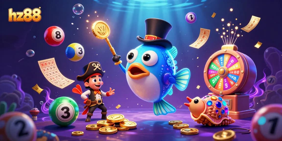 Engage with hz88 as the anglerfish lures gold coins amidst colorful lottery elements.