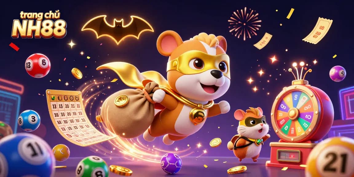 Win big with trang chủ NH88 as a superhero dog and hamster battle through a colorful casino landscape.