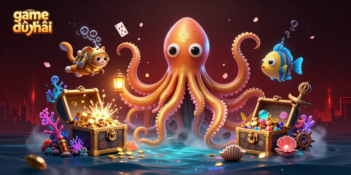 Experience the excitement of game bài uy tín through a vibrant 3D illustration featuring a kraken, diving cat, and colorful fish amidst treasures.