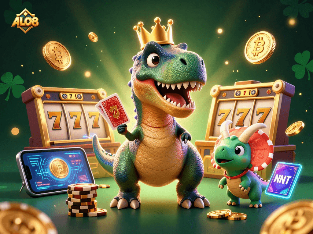 Experience thrilling jackpots with ALO8 as animated characters shuffle cards and stack chips in this vibrant casino scene.