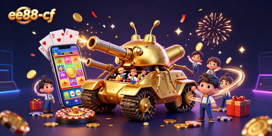Play at ee88-cf's immersive mini casino within a golden beetle tank, highlighted by vibrant gaming elements.