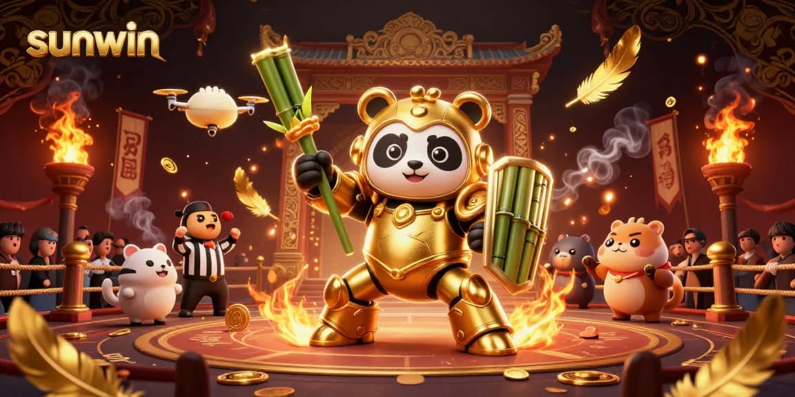 Experience thrilling action with sunwin as a golden panda battles in a vibrant casino arena.