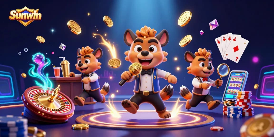 Sunwin showcases hyenas at a lively casino, featuring games and vibrant casino atmosphere.