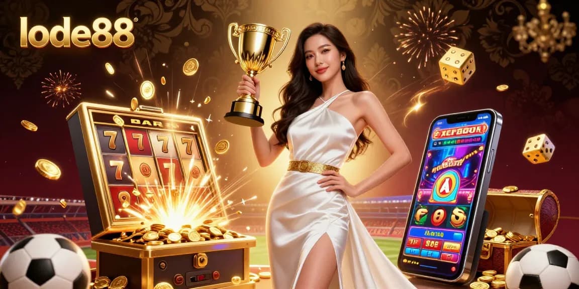 Win big with lode88 as the victorious Asian woman celebrates her success surrounded by vibrant slot and betting elements.