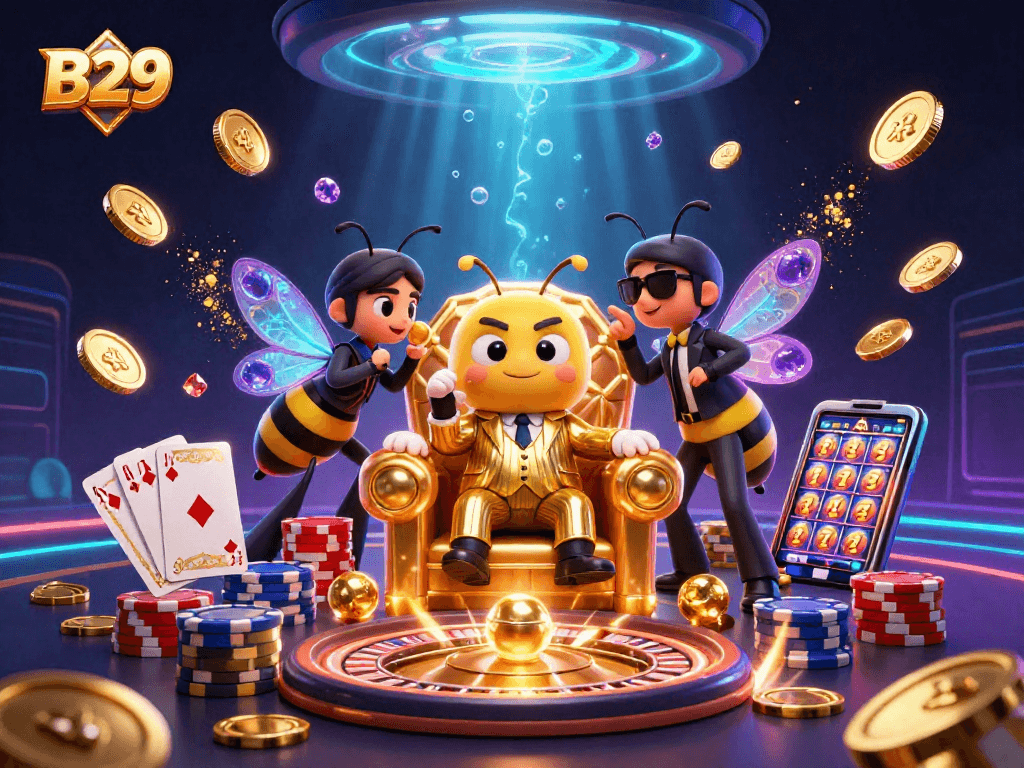 B29 showcases thrilling gameplay with a bumblebee mob boss and vibrant casino elements in a dynamic 3D illustration.