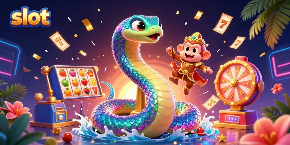 Experience thrilling slot games with a rainbow serpent and golden monkey king in a vibrant casino scene.