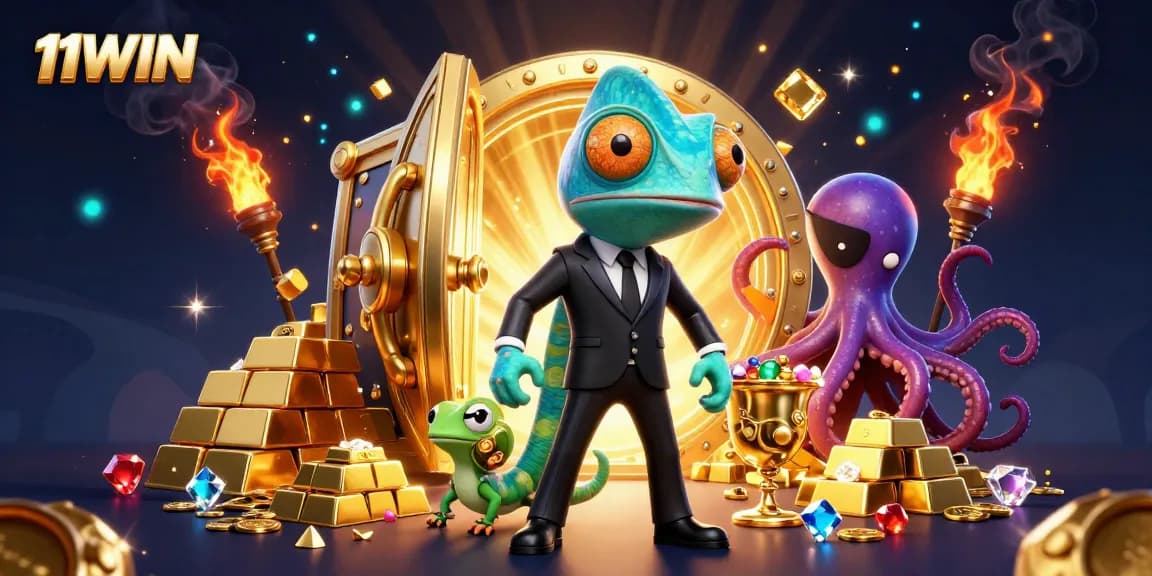 Experience thrilling gameplay with 11WIN in this vibrant 3D casino scene filled with treasure.