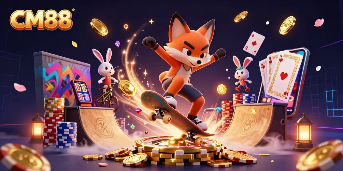 CM88 captivates players with an energetic 3D casino scene featuring a skateboarder fox and BMX rabbit.