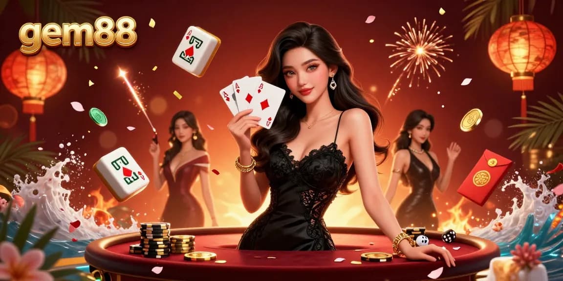 Experience the excitement of gem88 with an elegant Asian woman holding playing cards amidst casino delights.