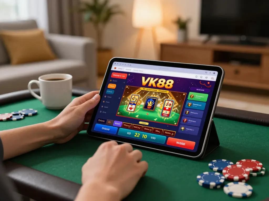 Engaging online casino experience with VK88 displayed on a tablet while enjoying home comfort.