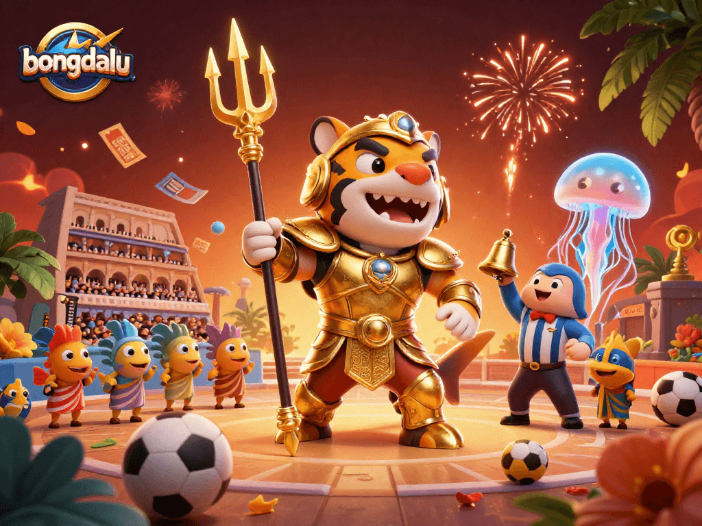 Experience the excitement of sports betting with bongdalu as a lively scene featuring a tiger shark and energetic elements.