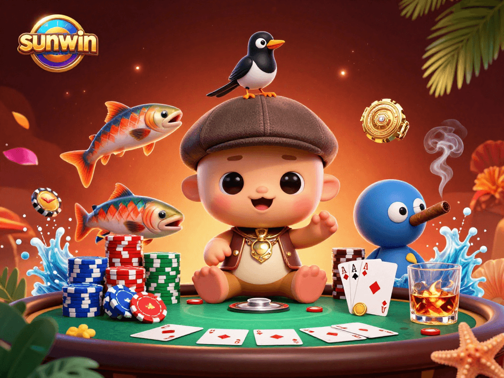 Engage in thrilling poker action with sunwin’s vibrant 3D illustration showcasing playful characters.