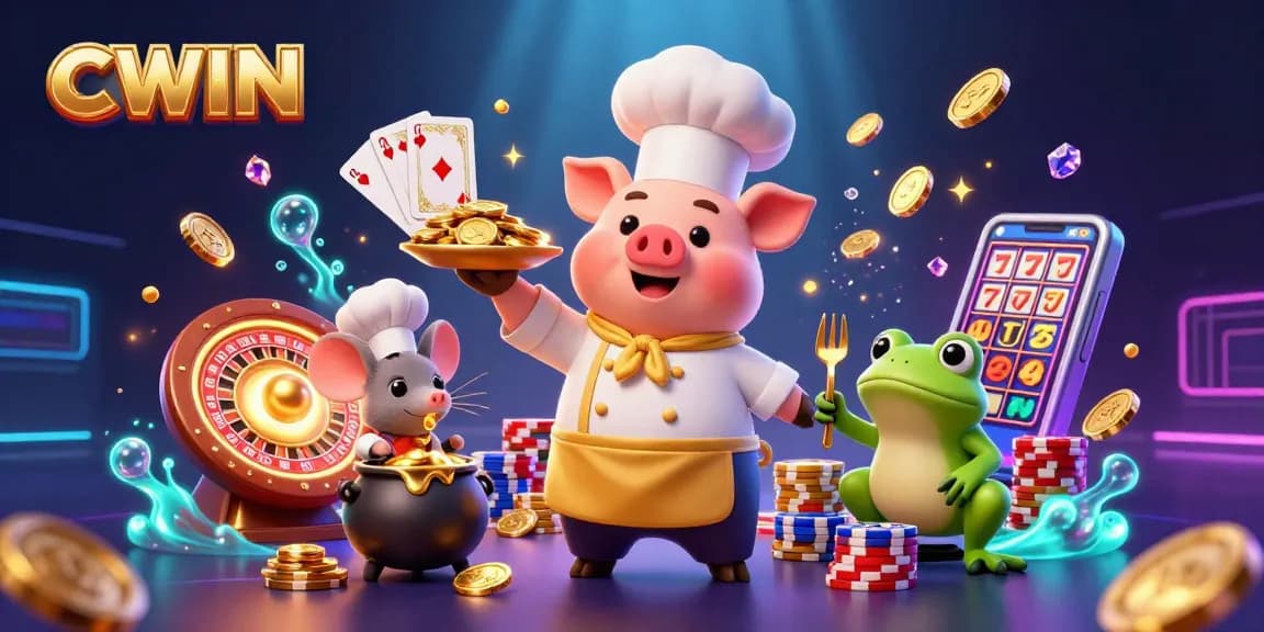 CWIN showcases an exciting scene of gambling with a pig chef, a mouse sous-chef, and a frog critic serving gold coins.