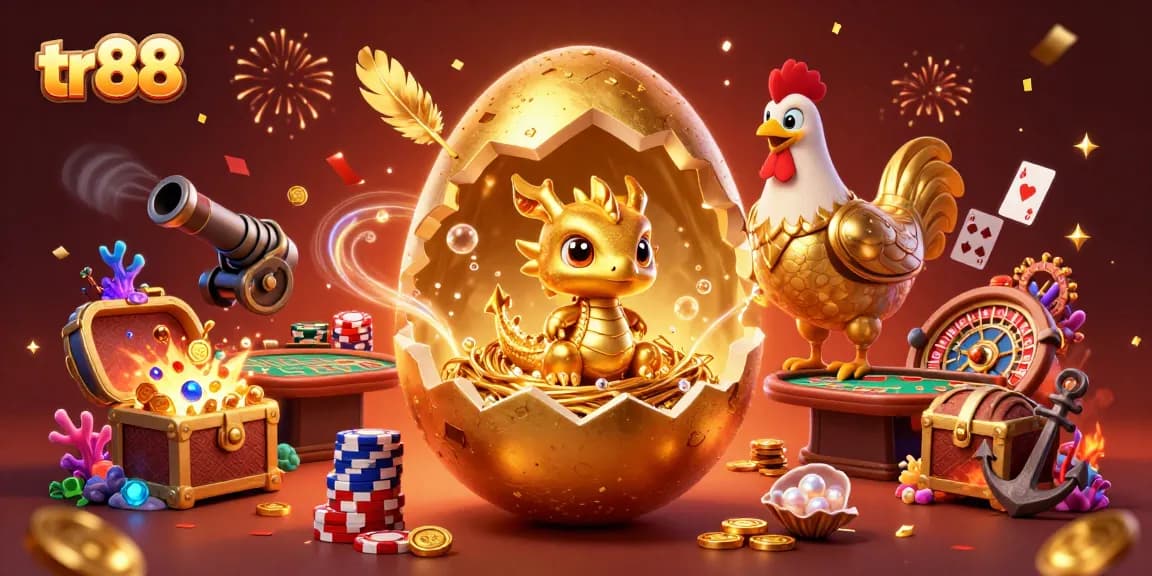 Engage with the thrilling world of TR88 as a golden baby dragon emerges from a colossal egg amidst a vibrant live casino scene.