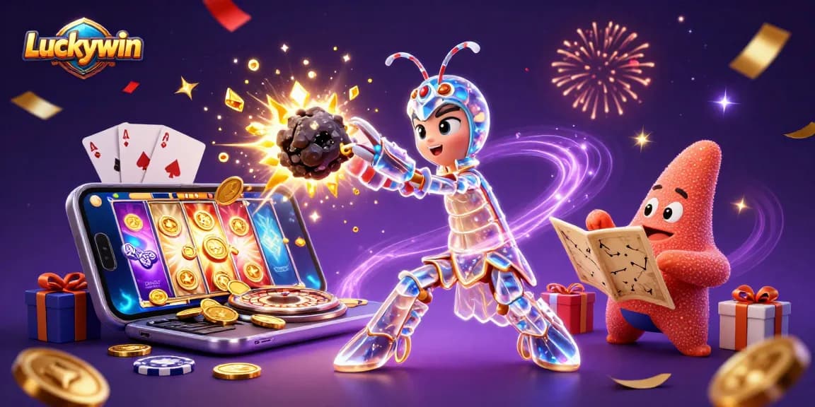 Experience the excitement of Luckywin with a galactic mantis shrimp and gaming elements celebrating wins.