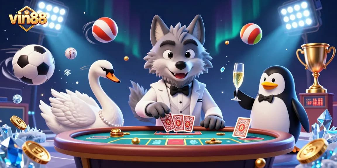 Experience exciting gaming action with vin88 featuring a debonair wolf, elegant swan dealer, and sophisticated penguin at a baccarat table.