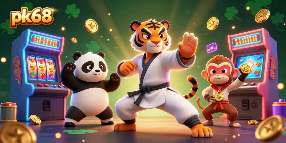Engage in thrilling gameplay with the fun characters of pk68 amidst casino elements.