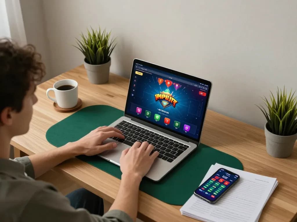 Engage with vin777 on a home gaming setup featuring poker gameplay on a laptop.
