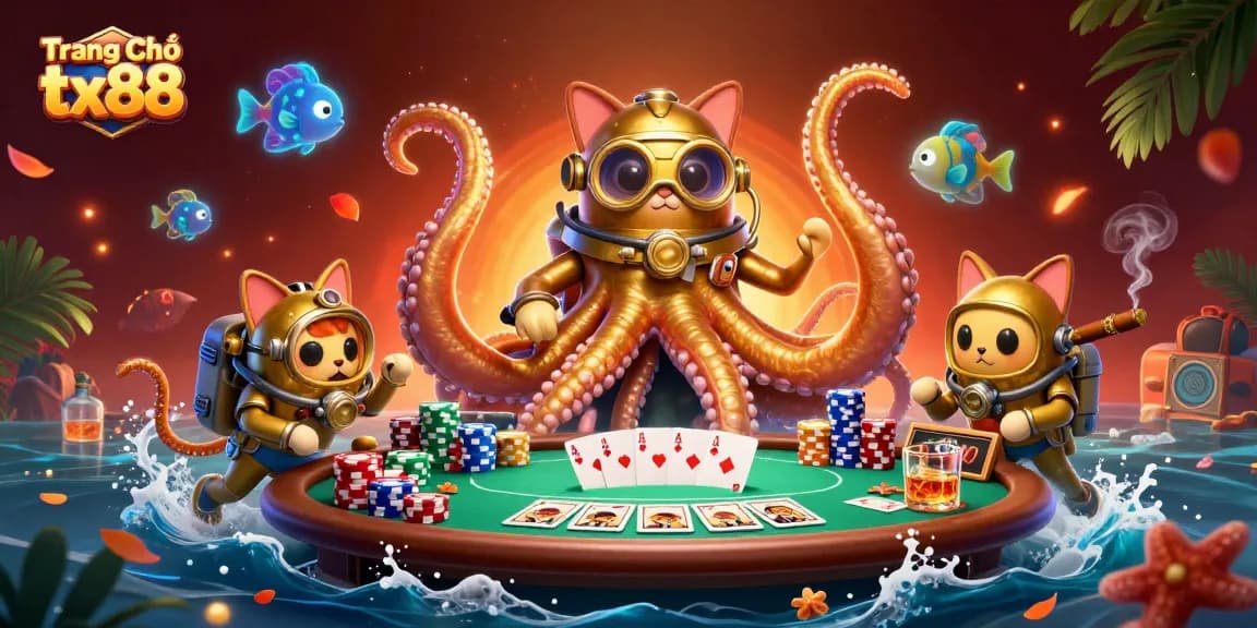 Experience the thrill of Trang Chủ tx88 with a vibrant 3D casino scene featuring a magical kraken, diving cat, and poker action.