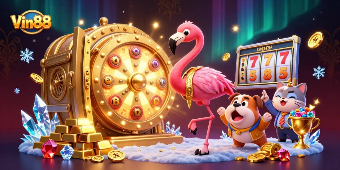 Win big at Vin88 with vibrant 3D characters celebrating around a giant prize wheel.