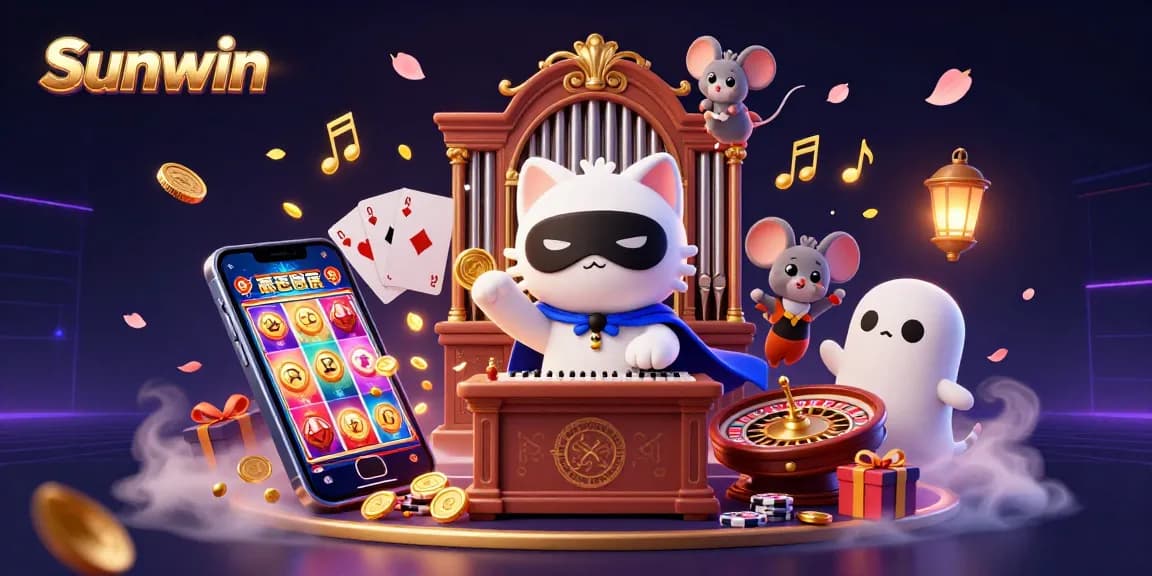 Engage in thrilling experiences at Sunwin with immersive gaming elements floating around a charismatic feline.