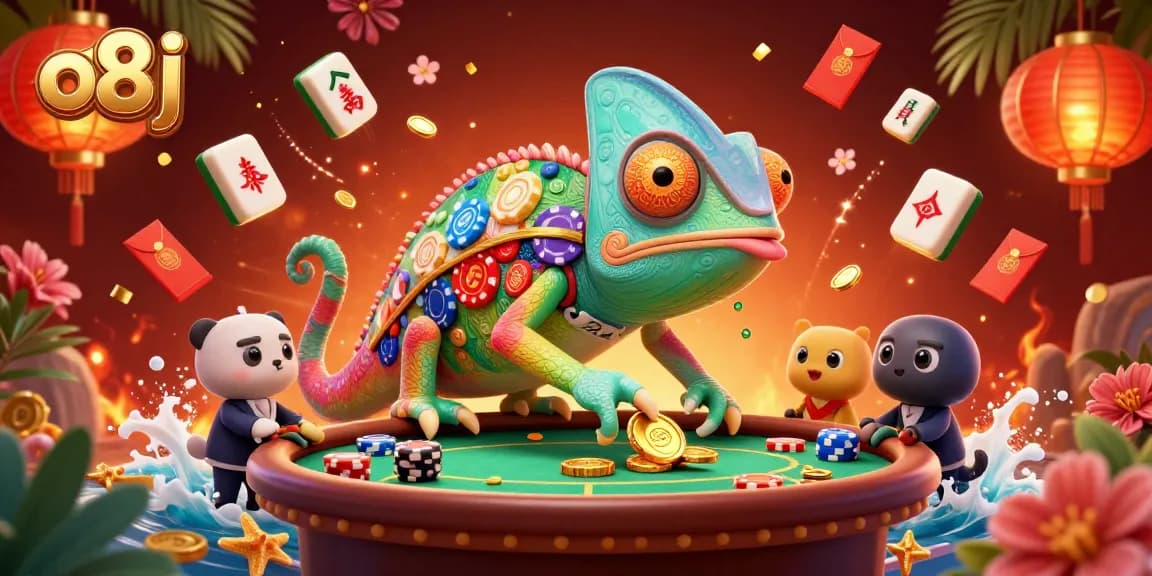 Engage with the vibrant o8j casino scene featuring a chameleon owner that attracts golden coins and dynamic gaming elements.
